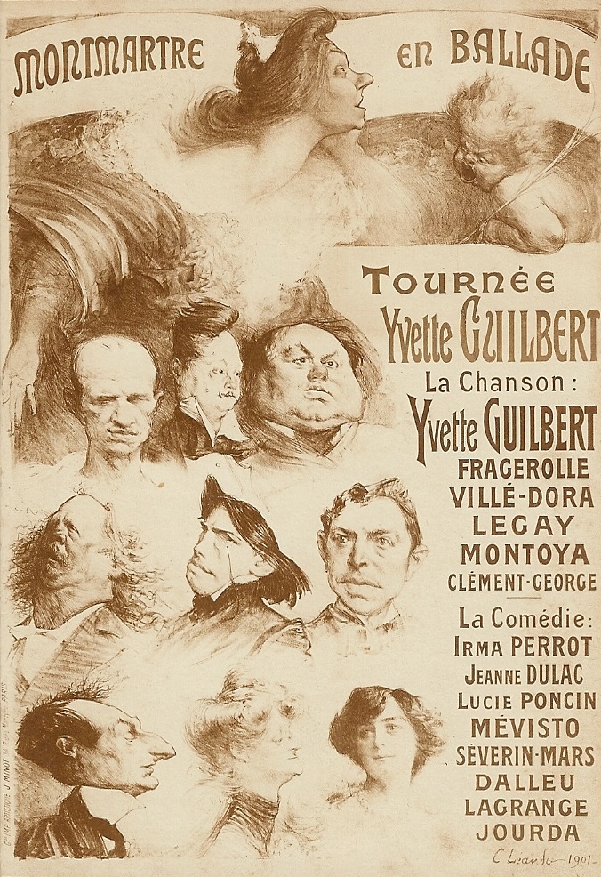 Tournée d'Yvette Guilbert "Montmartre en ballade", Affiche de Léandre, 1901.